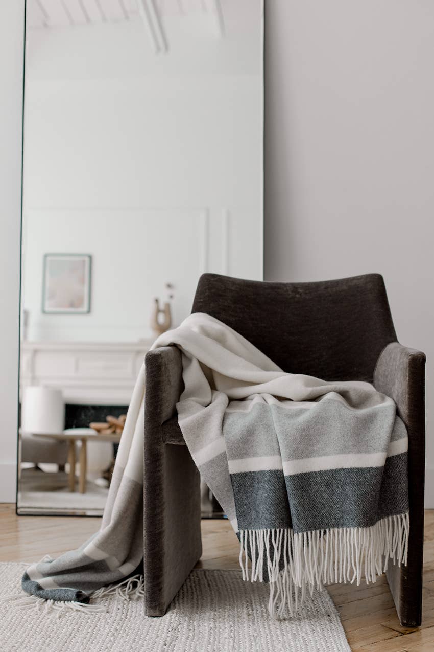 Manhattan Wool Throw - White, Otter Beige with Grey Stripes