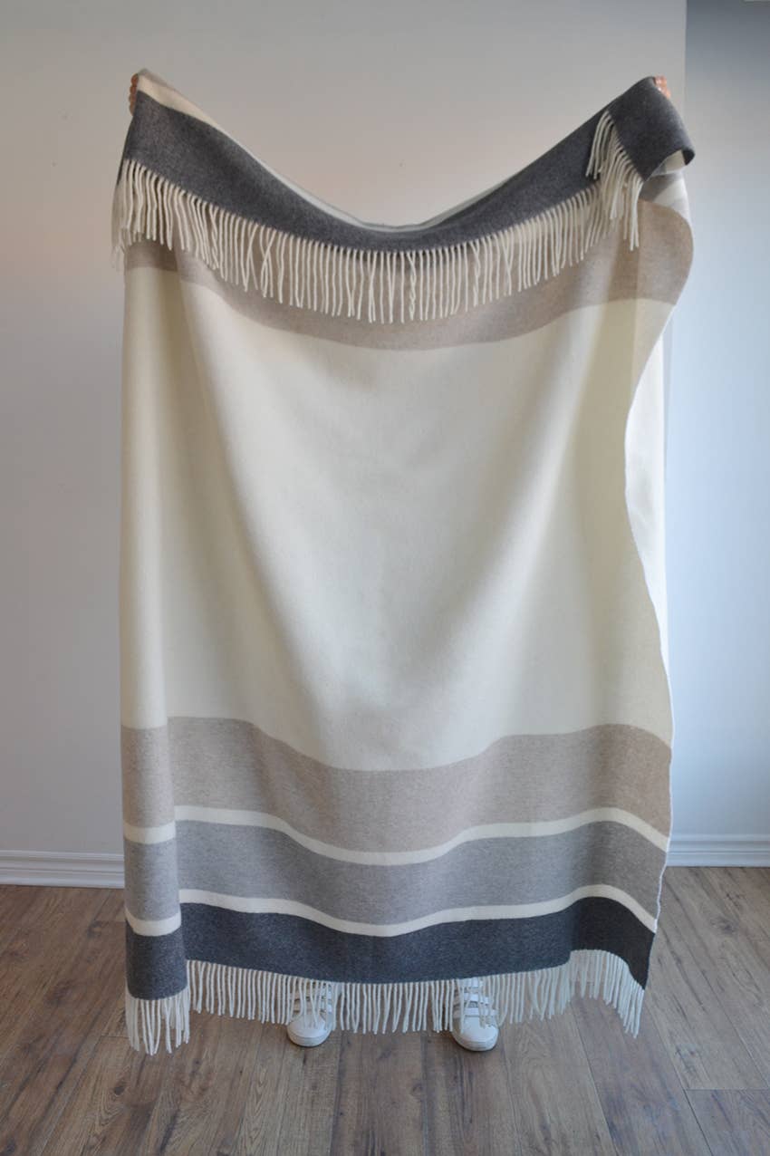 Manhattan Wool Throw - White, Otter Beige with Grey Stripes