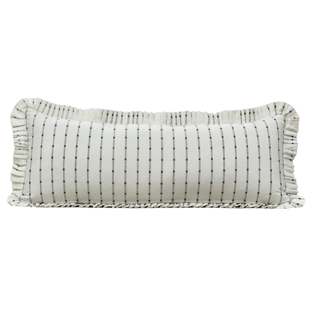 Luxe B Co - Ruffle Bolster Pillow Cover White Olive Green Embroidery