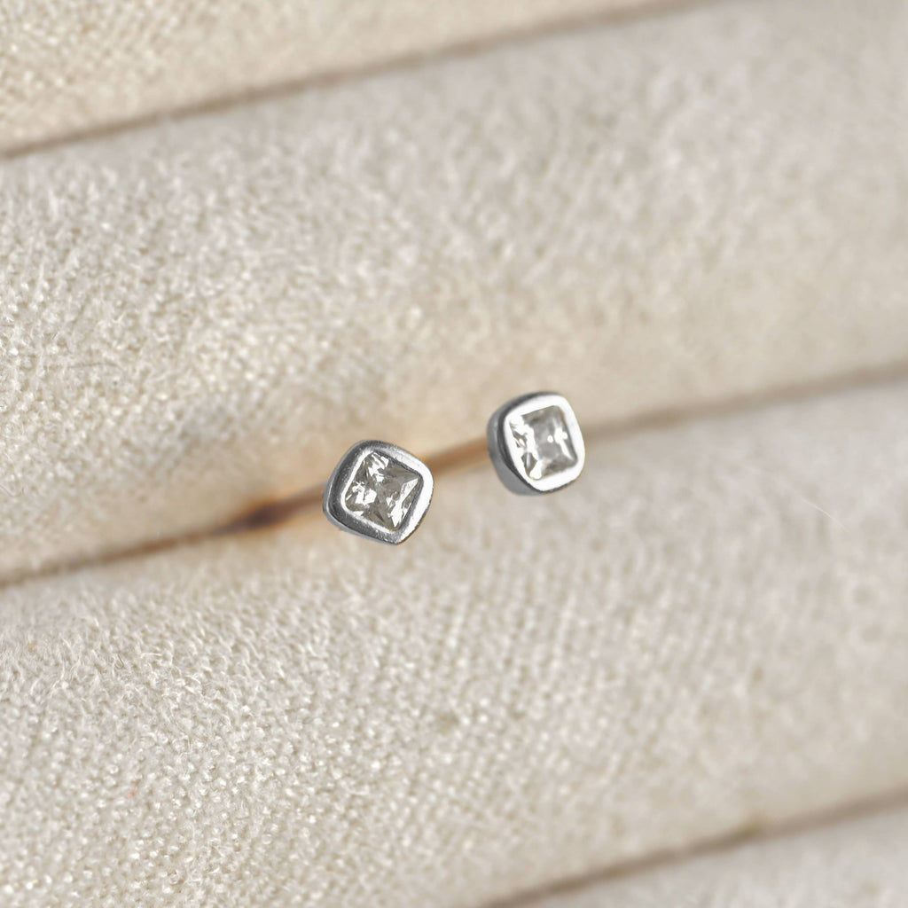 Silver Square Studs - 925 Silver Mini Square Bezel Earrings