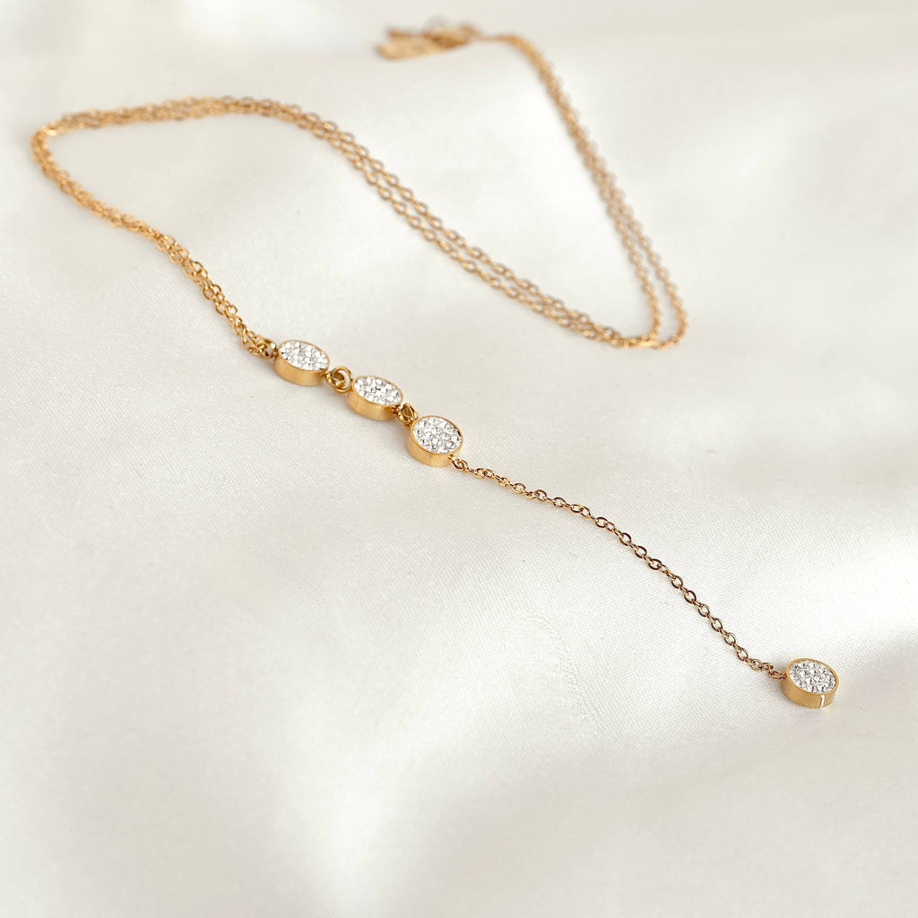 Blueyejewelry - Gold Crystal Lariat Necklace - Stainless Steel