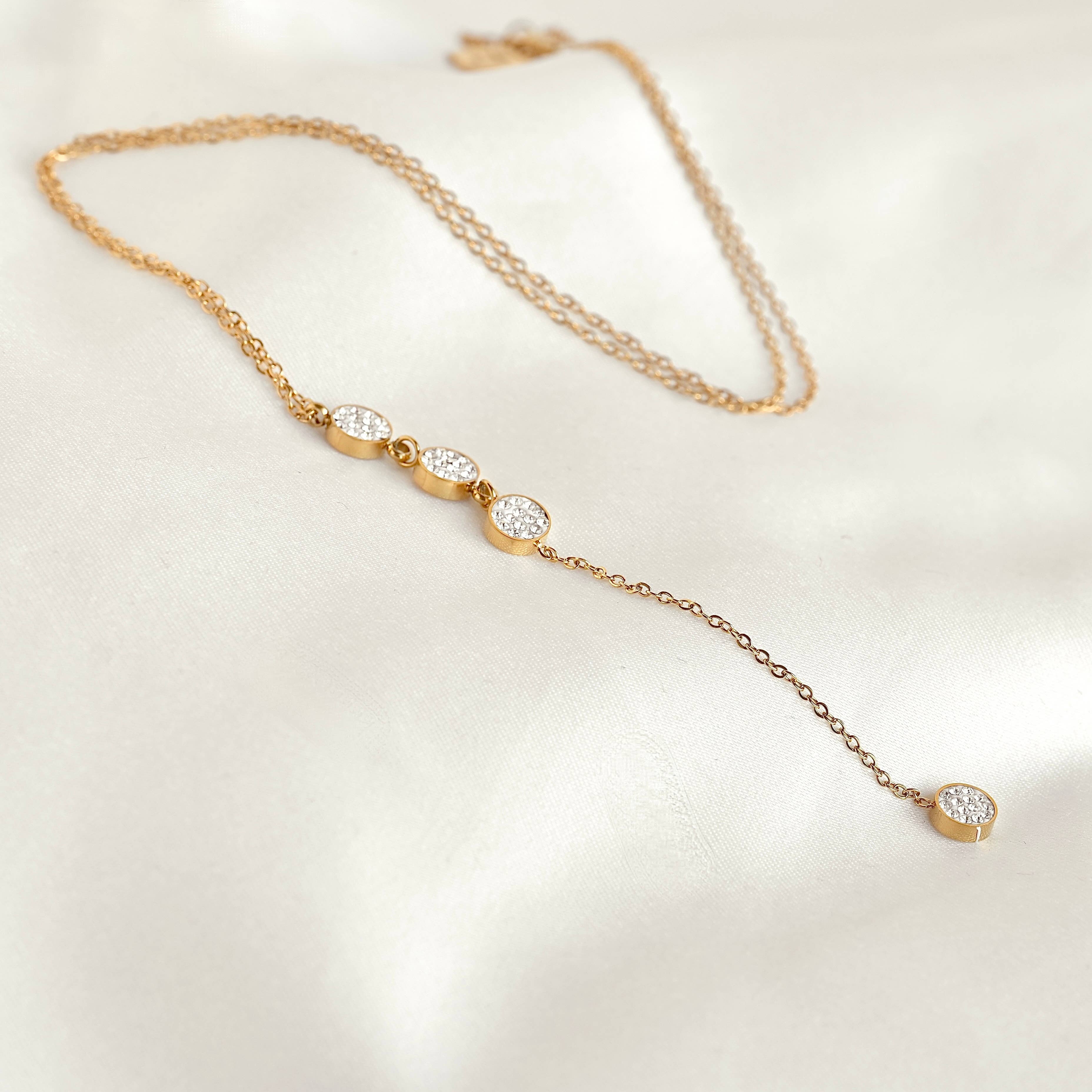 Blueyejewelry - Gold Crystal Lariat Necklace - Stainless Steel