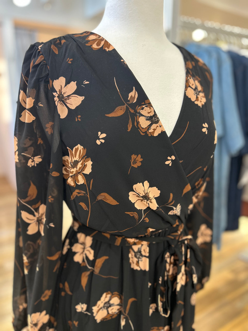 Apricot - Vintage Floral Wrap Tiered Dress- Black
