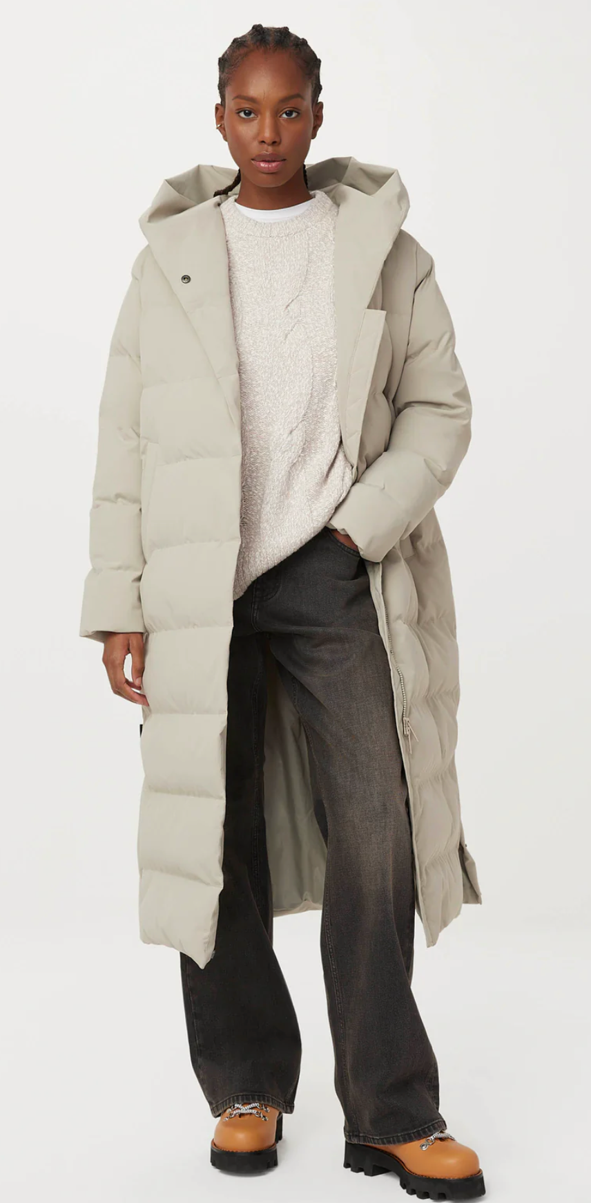 Frank and Oak- The Highland Long Puffer Coat in Light Greige