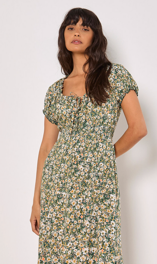 Apricot- Watercolour Ditsy Milkmaid Detail Midi Dress
