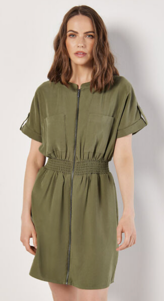 Apricot- Zip-Down Utility Mini Dress