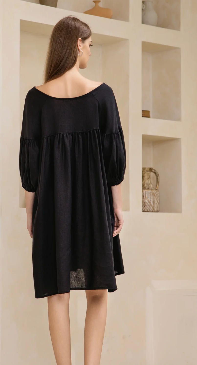 Puffed Sleeve Linen Midi Dress