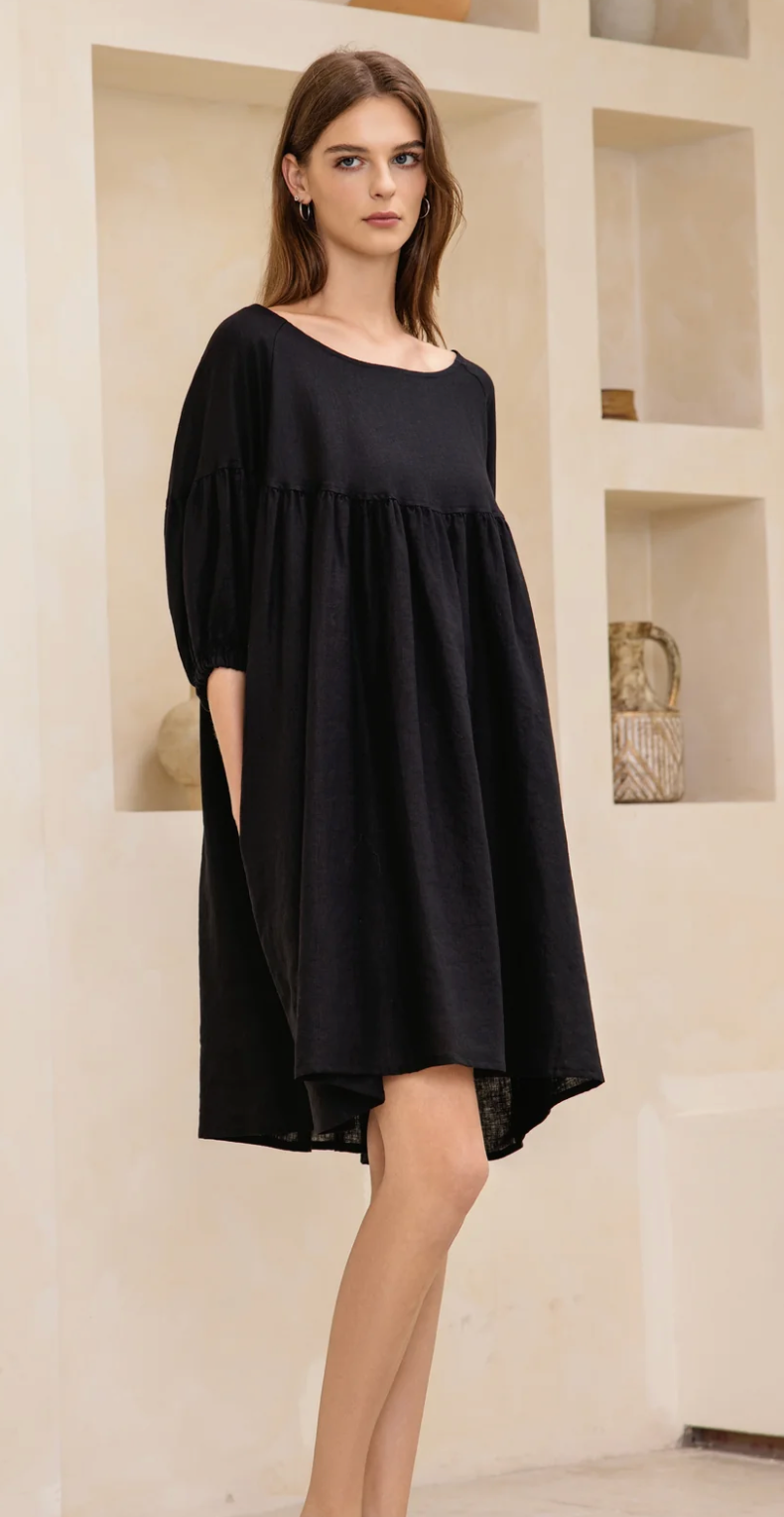 Puffed Sleeve Linen Midi Dress