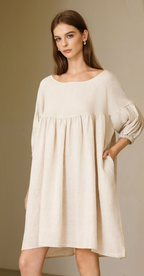 Puffed Sleeve Linen Midi Dress
