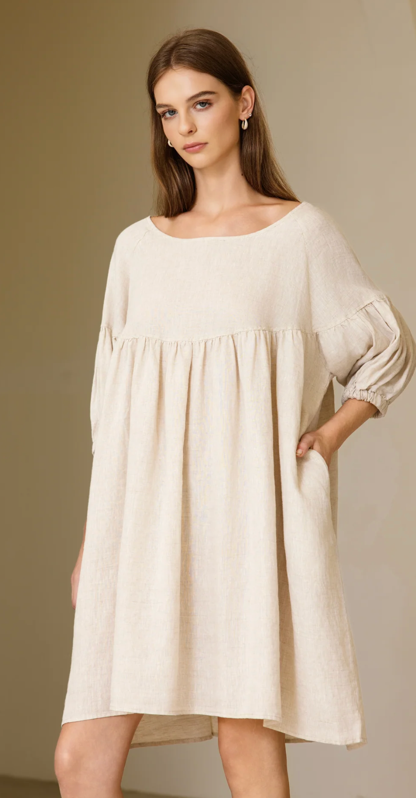 Puffed Sleeve Linen Midi Dress