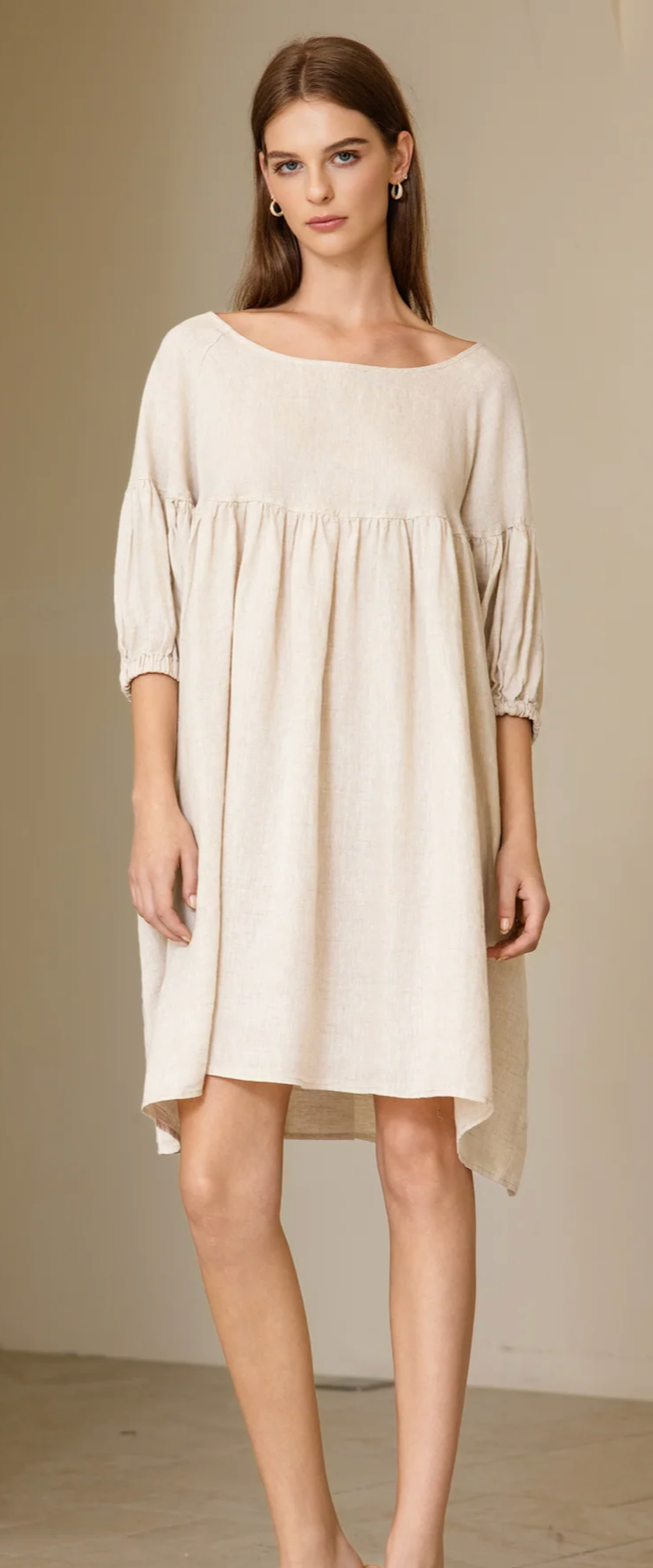 Puffed Sleeve Linen Midi Dress