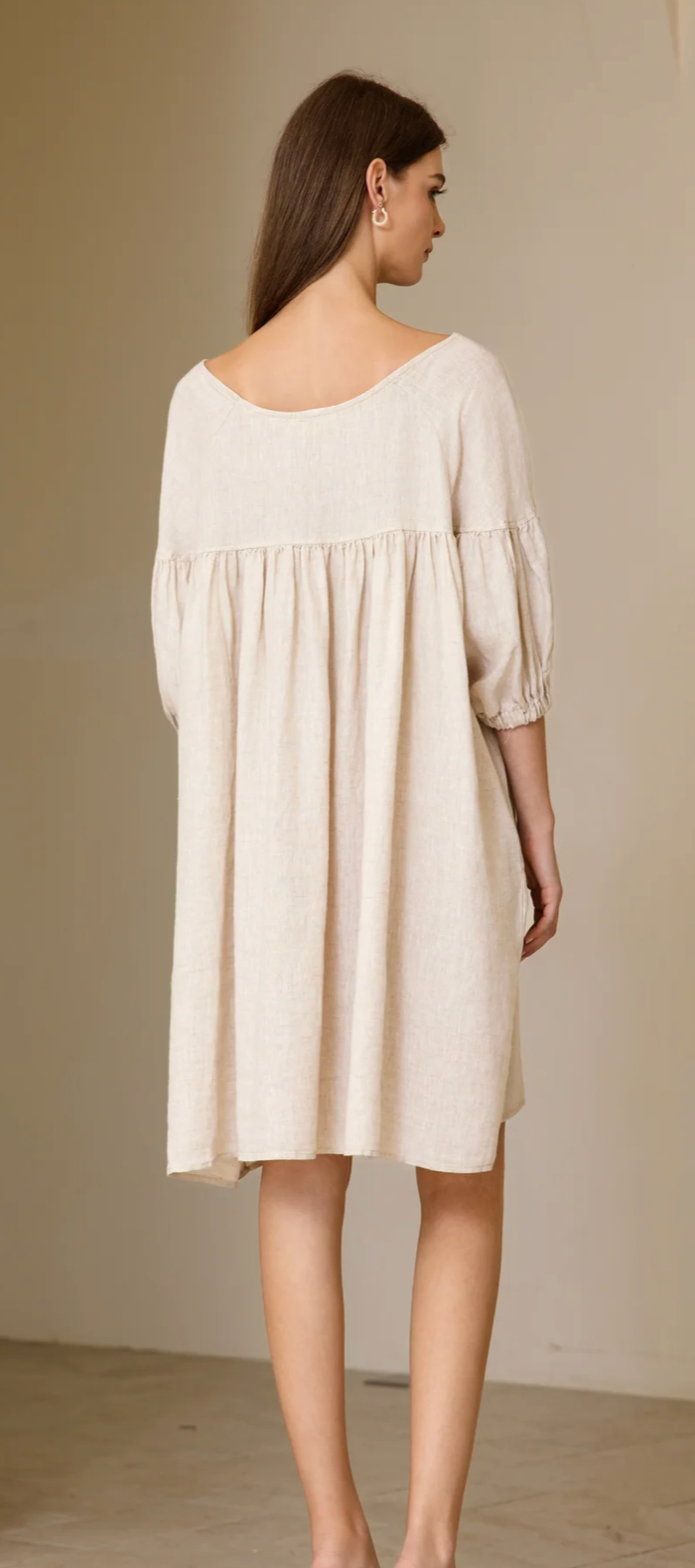 Puffed Sleeve Linen Midi Dress