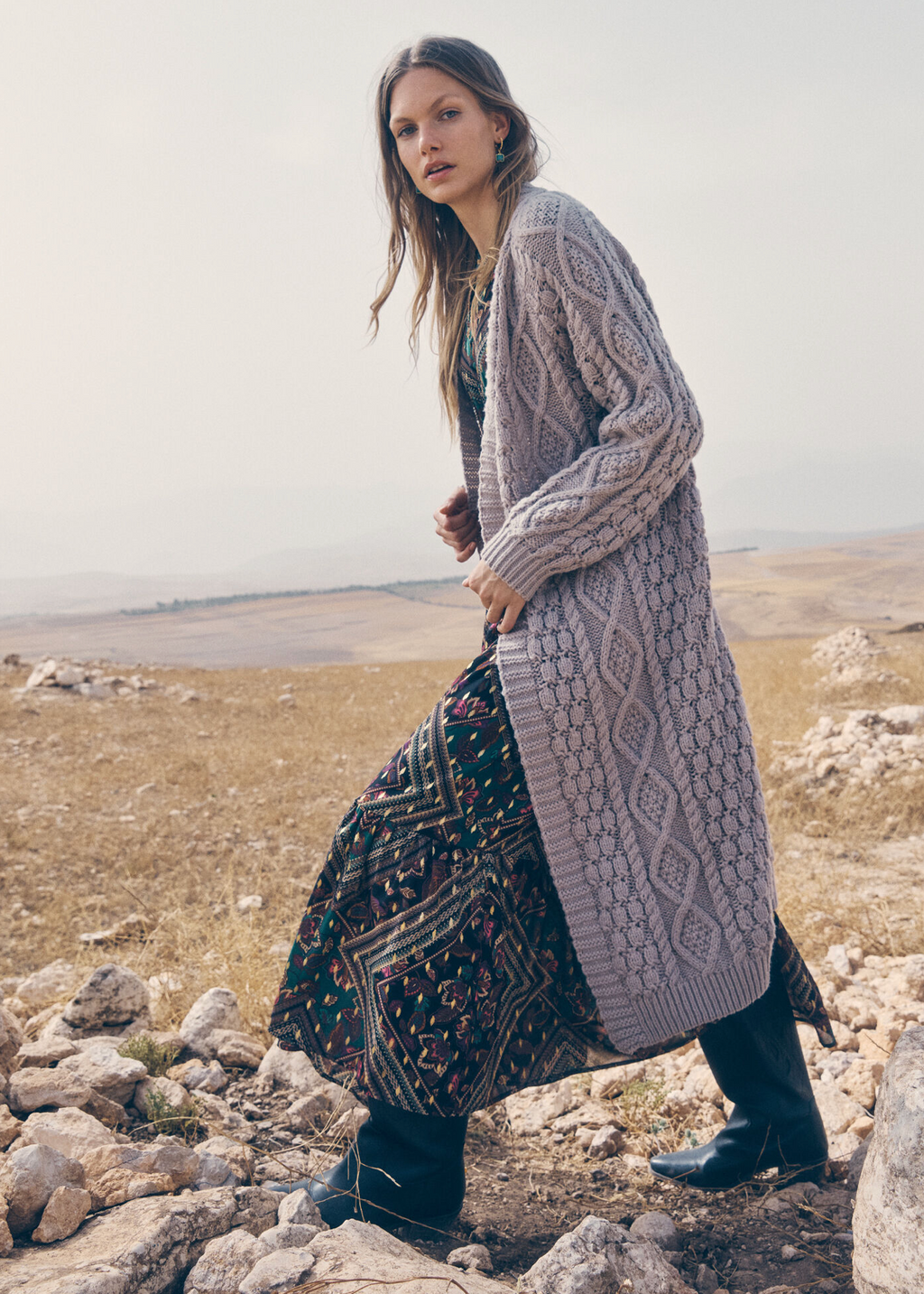 Cable Knit Open Midi Cardigan