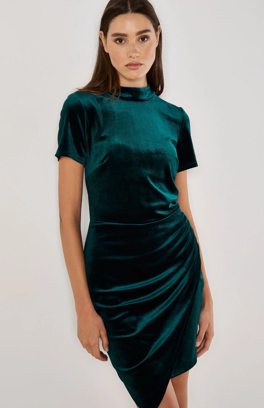 Velvet Cowl Neck Ruched Dress