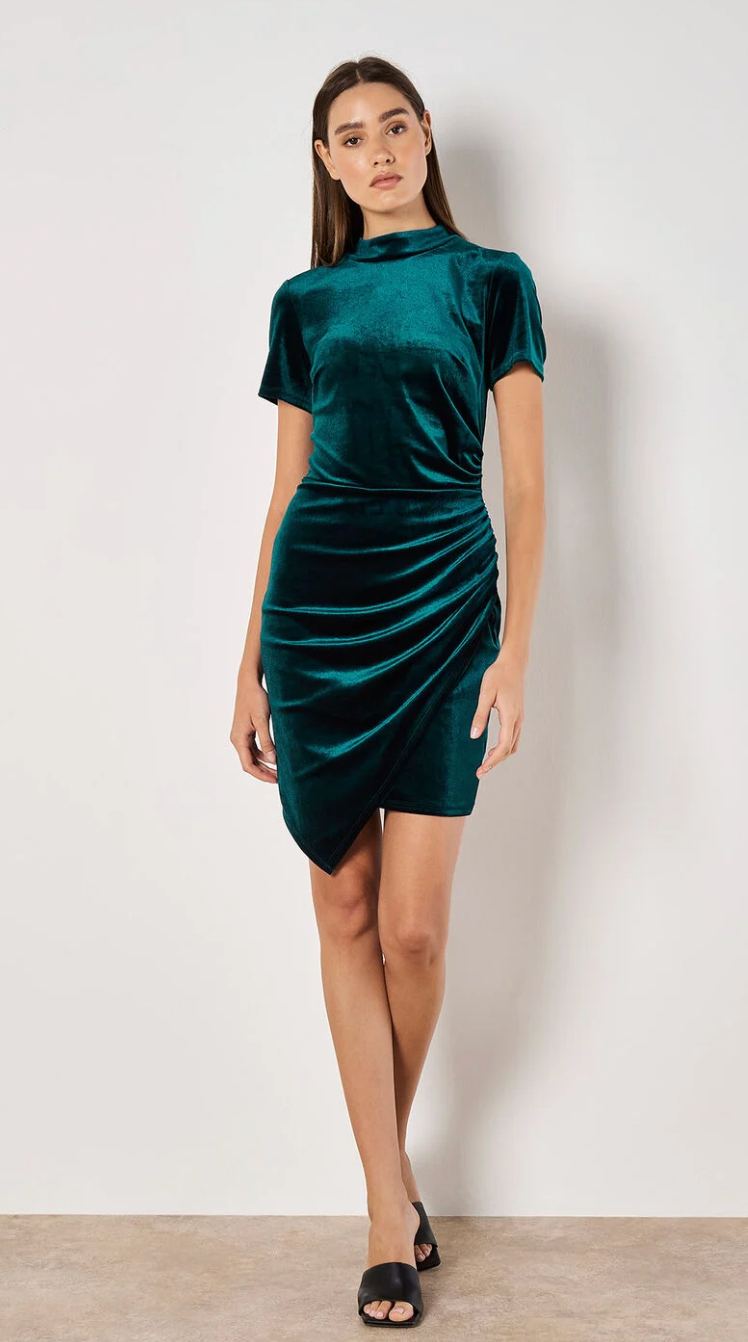 Velvet Cowl Neck Ruched Dress