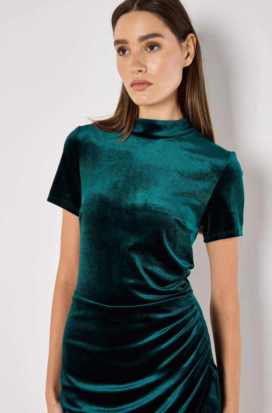 Velvet Cowl Neck Ruched Dress
