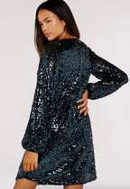 Sequin Puff Sleeve Tie Dress