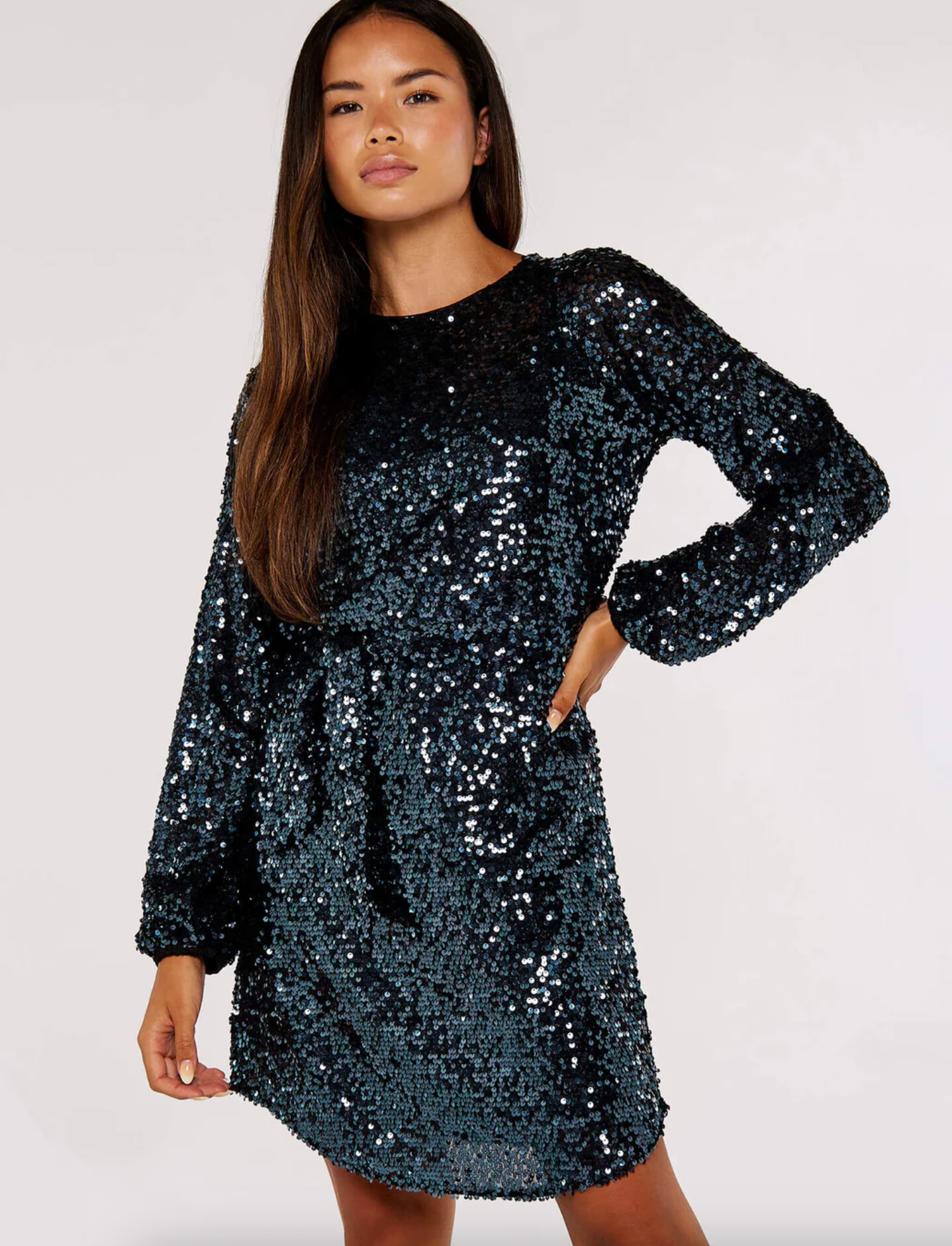 Sequin Puff Sleeve Tie Dress