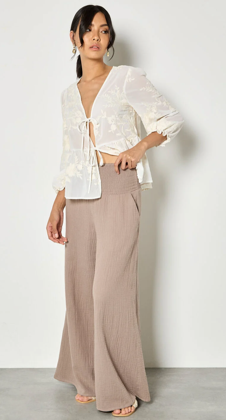 Apricot - Cotton Weave Wide Leg Trousers