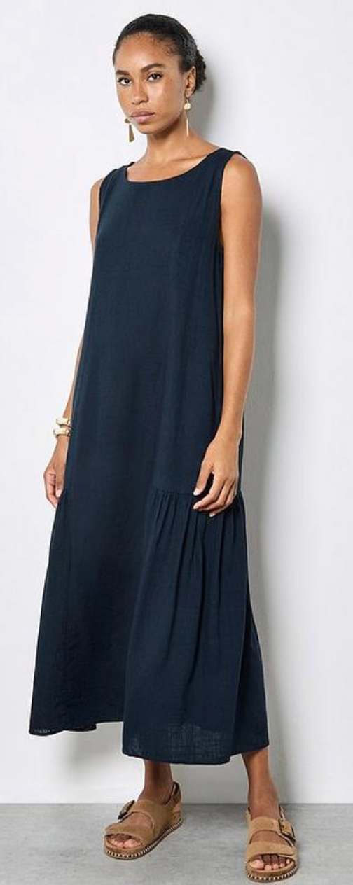 Apricot Linen Mix Side Panel Trapeze Dress Navy | Women's Dresses