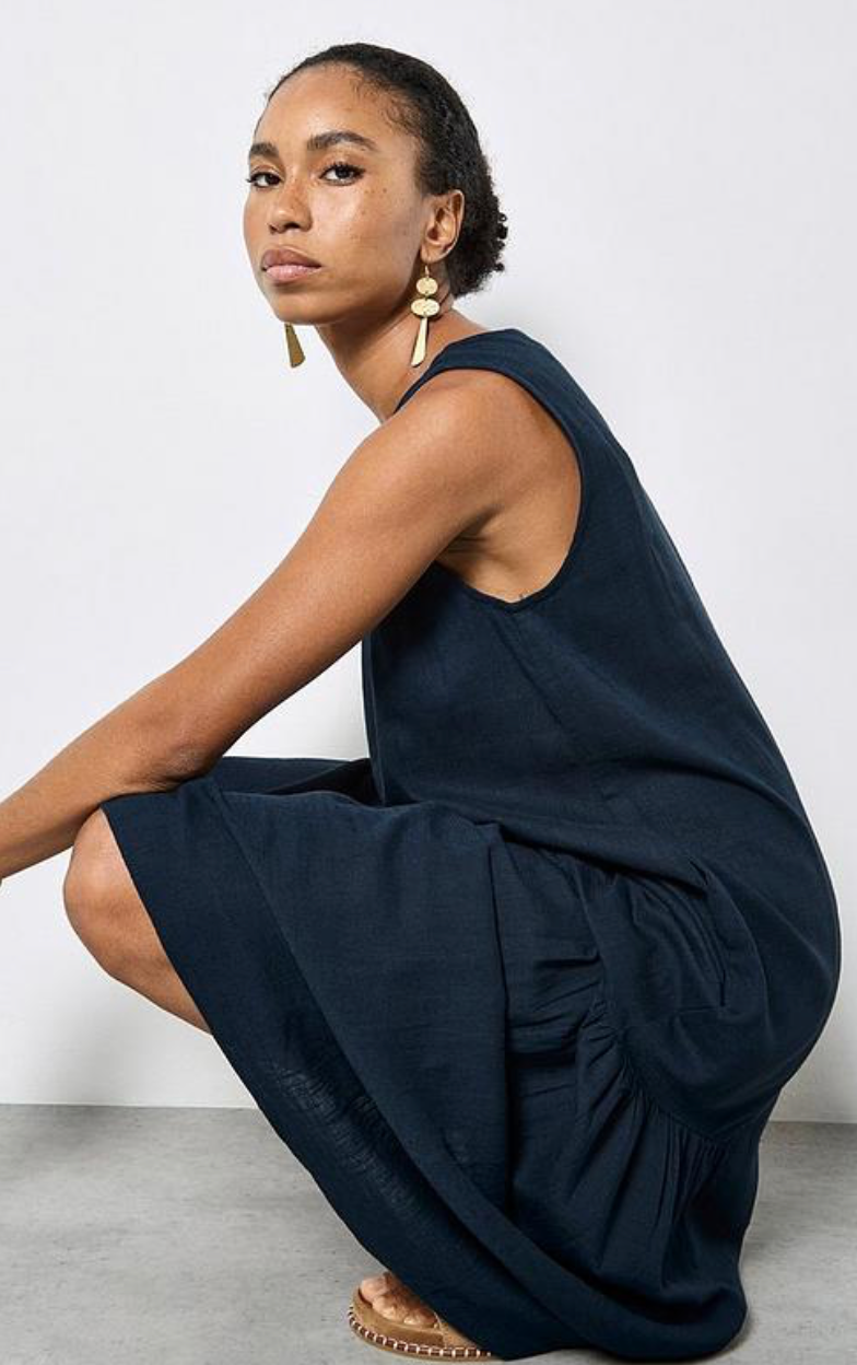 Apricot Linen Mix Side Panel Trapeze Dress Navy | Women's Dresses