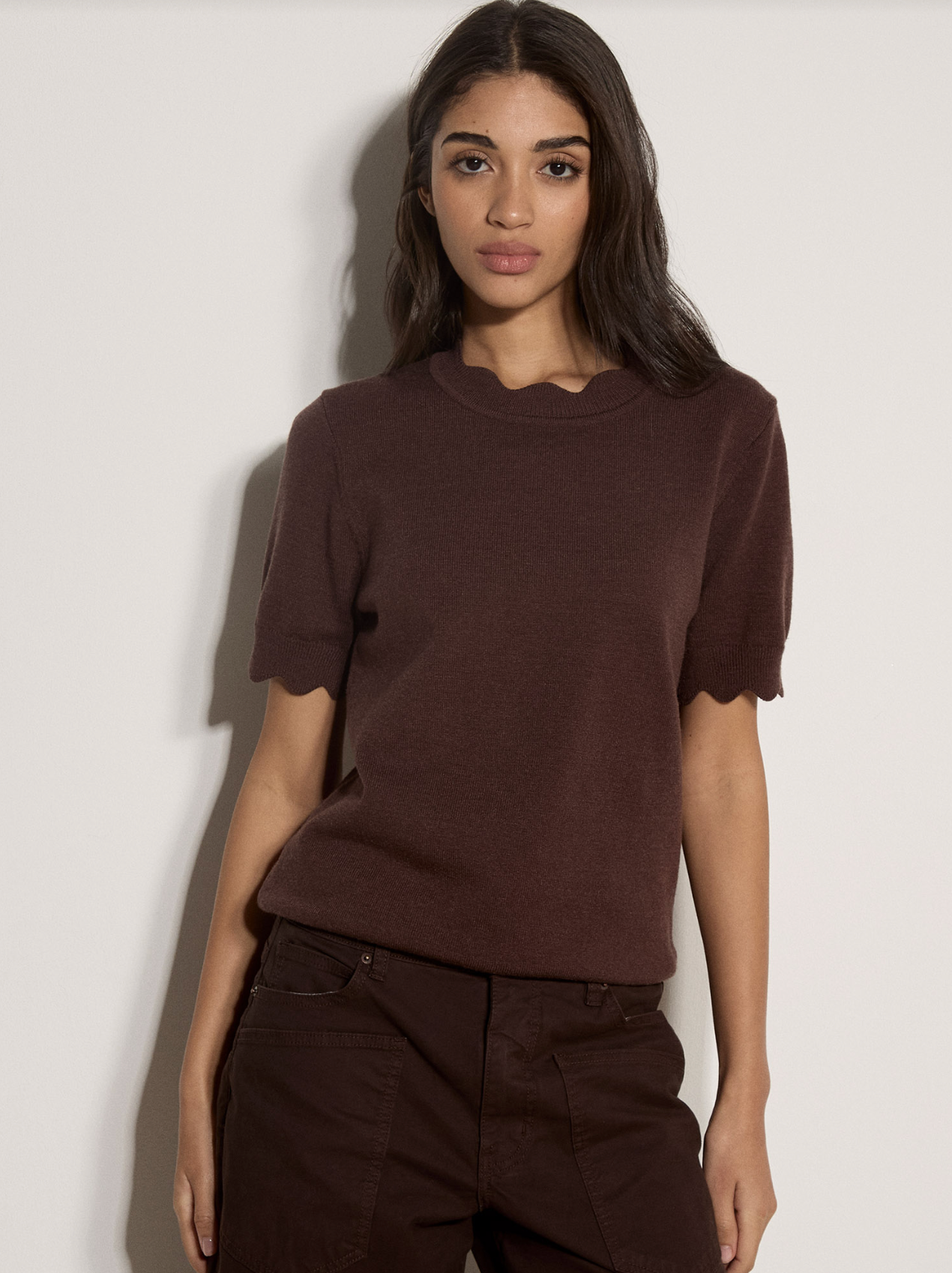 Apricot - Scallop Neck  & Sleeve Knit Tee