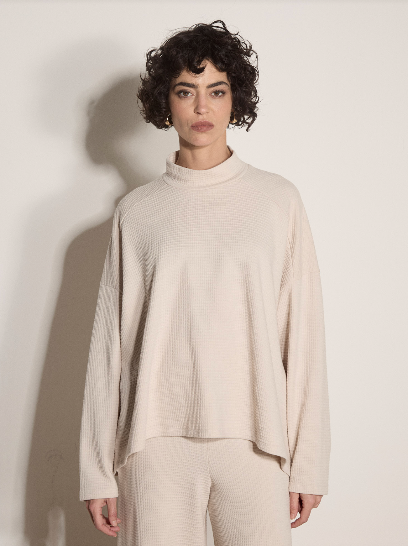 Apricot - Mock Neck Waffle Panel Swing Top