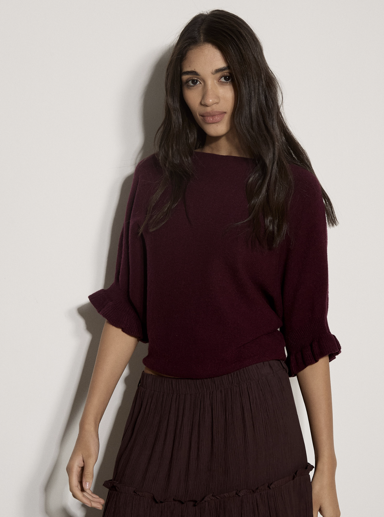 Apricot - Ruffle Sleeve Batwing Jumper