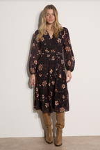 Apricot - Vintage Floral Wrap Tiered Dress- Black