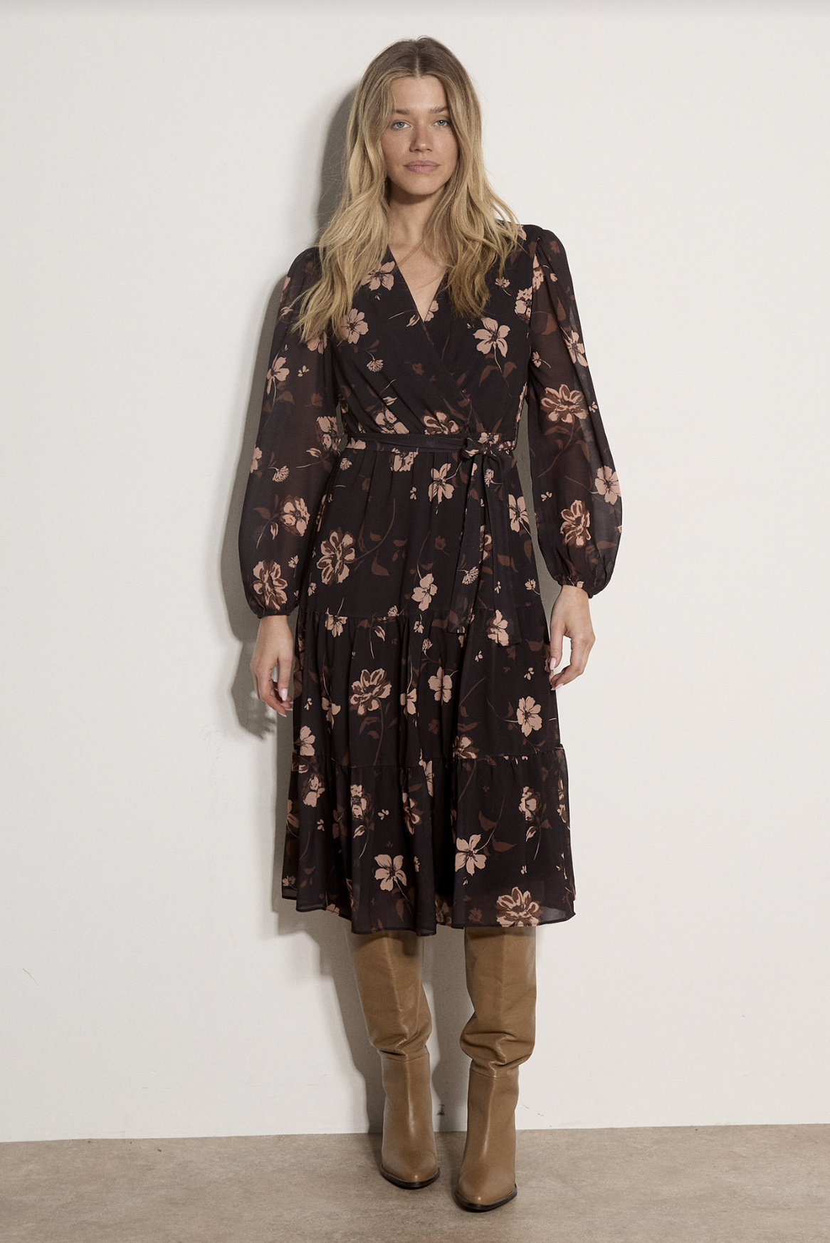 Apricot - Vintage Floral Wrap Tiered Dress- Black