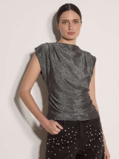 Apricot - Sparkle Pleat Shoulder Ruched Top