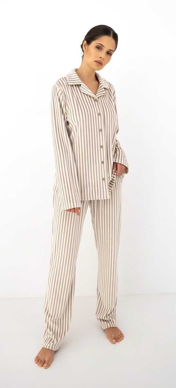 Front view of the Cream striped Avelin pyjama set, showing the long-sleeve top and relaxed trousers.