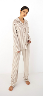 Front view of the Cream striped Avelin pyjama set, showing the long-sleeve top and relaxed trousers.