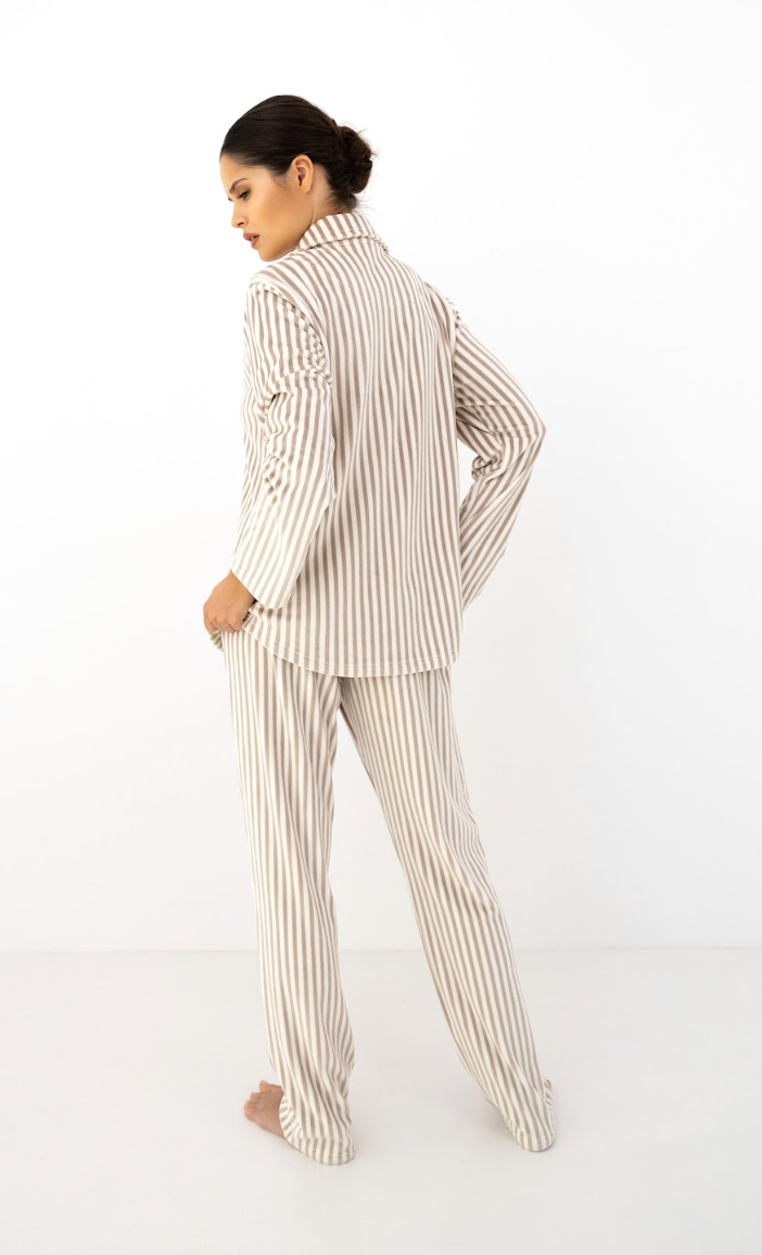 Back view of the Cream striped Sensis Avelin pyjama set showing the relaxed fit.