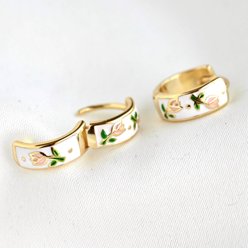 Blueyejewelry - Gold Enamel Tulip Flower Hoop Earrings - 925 Sterling Silver
