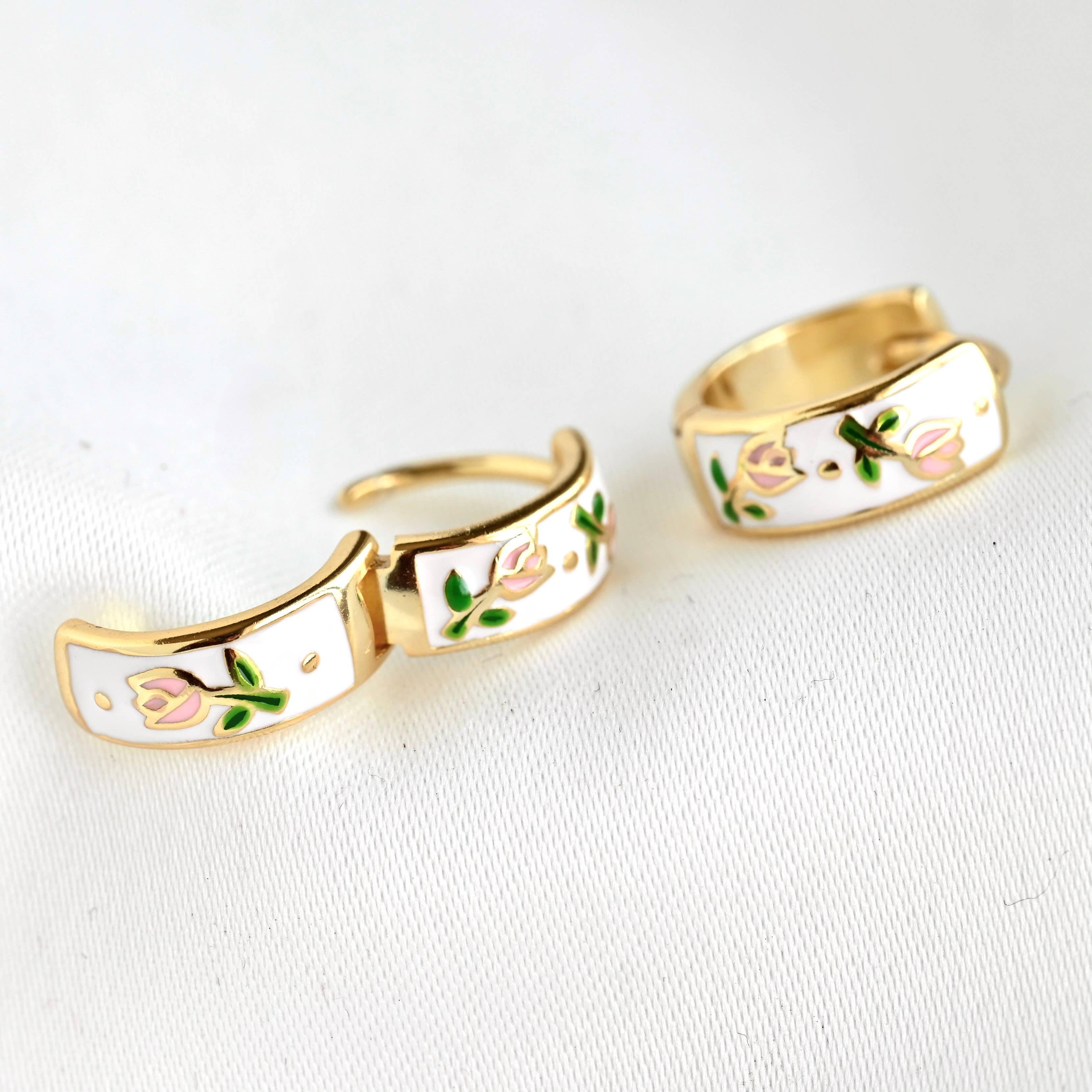 Blueyejewelry - Gold Enamel Tulip Flower Hoop Earrings - 925 Sterling Silver