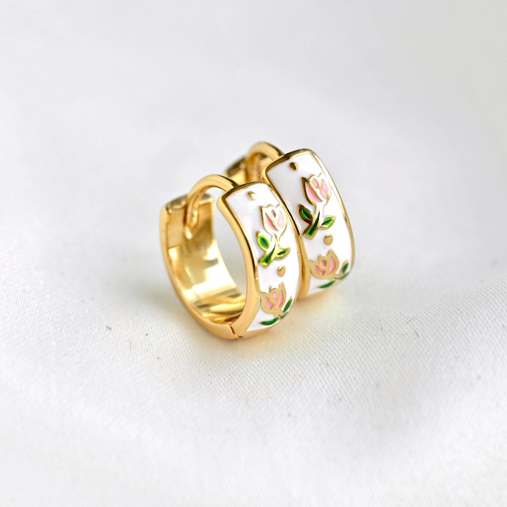 Blueyejewelry - Gold Enamel Tulip Flower Hoop Earrings - 925 Sterling Silver