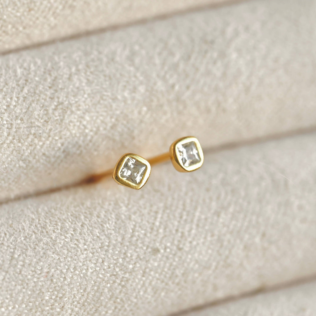Silver Square Studs - 925 Silver Mini Square Bezel Earrings