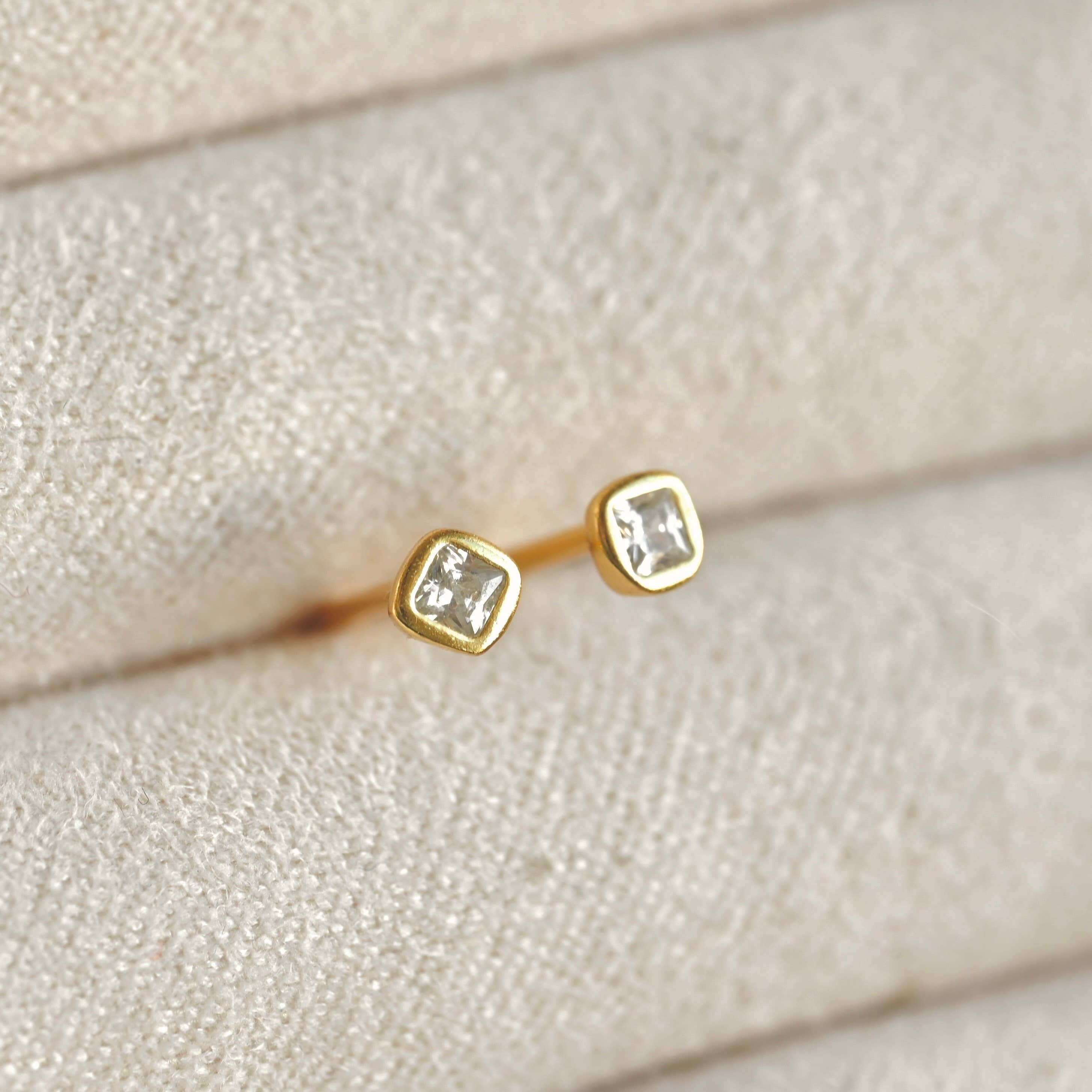 Silver Square Studs - 925 Silver Mini Square Bezel Earrings