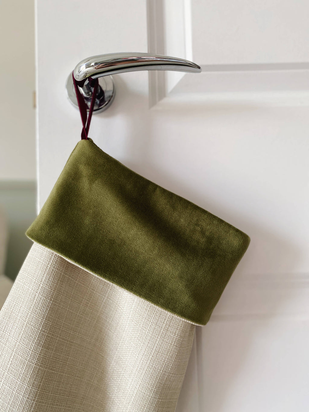 Cream Linen Textured Luxury Velvet-Lined Christmas Stocking