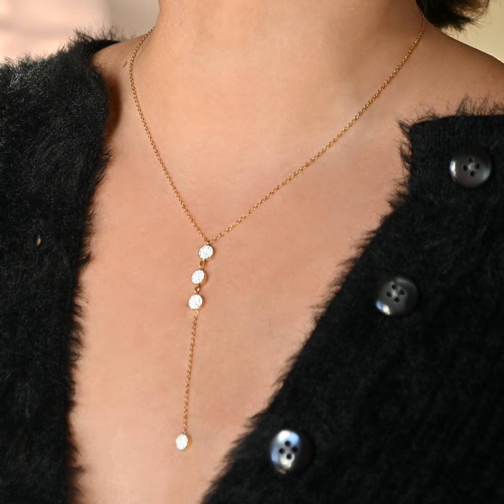 Blueyejewelry - Gold Crystal Lariat Necklace - Stainless Steel