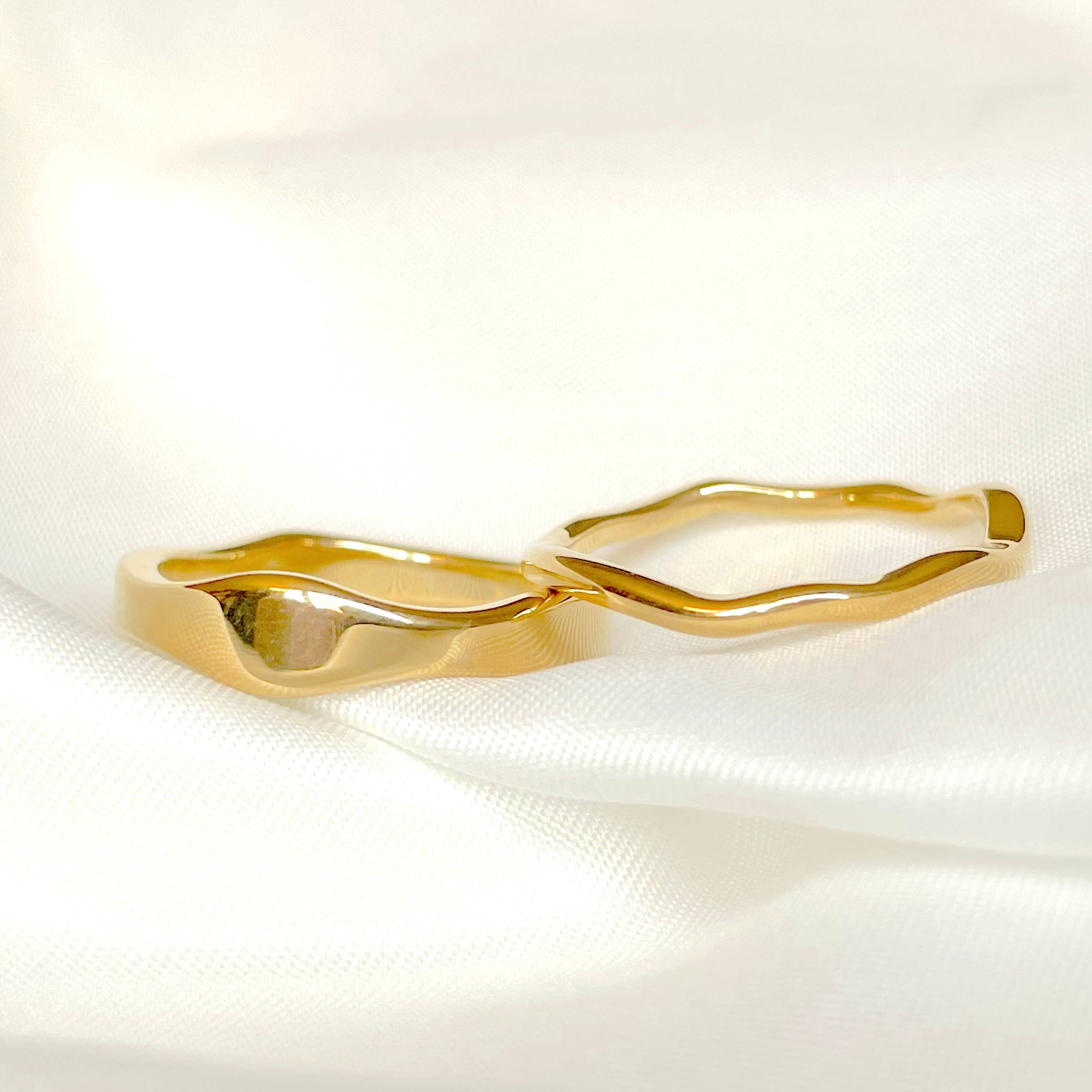 Tarnish-proof Gold Ring Set - 18k Gold Wave Rings