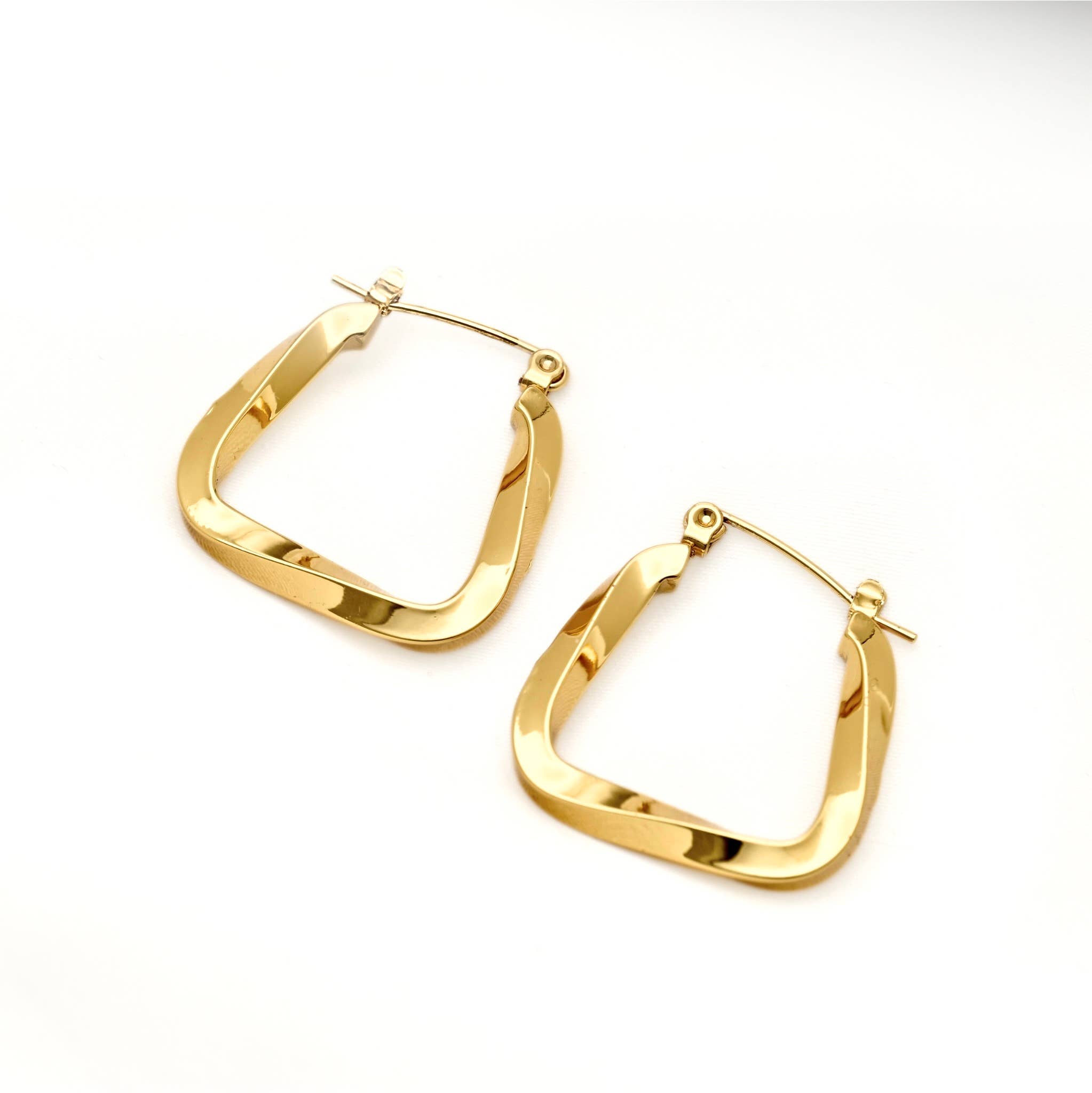 Sculpted Gold Angular Hoops - Wavy Square Hoop Earrings