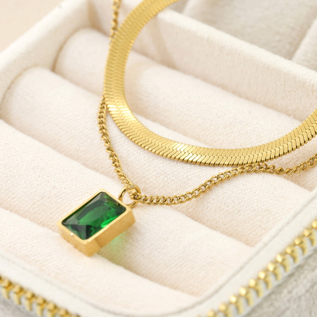 Layered Herringbone Necklace - Cushion Cut Emerald Necklace