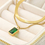 Layered Herringbone Necklace - Cushion Cut Emerald Necklace