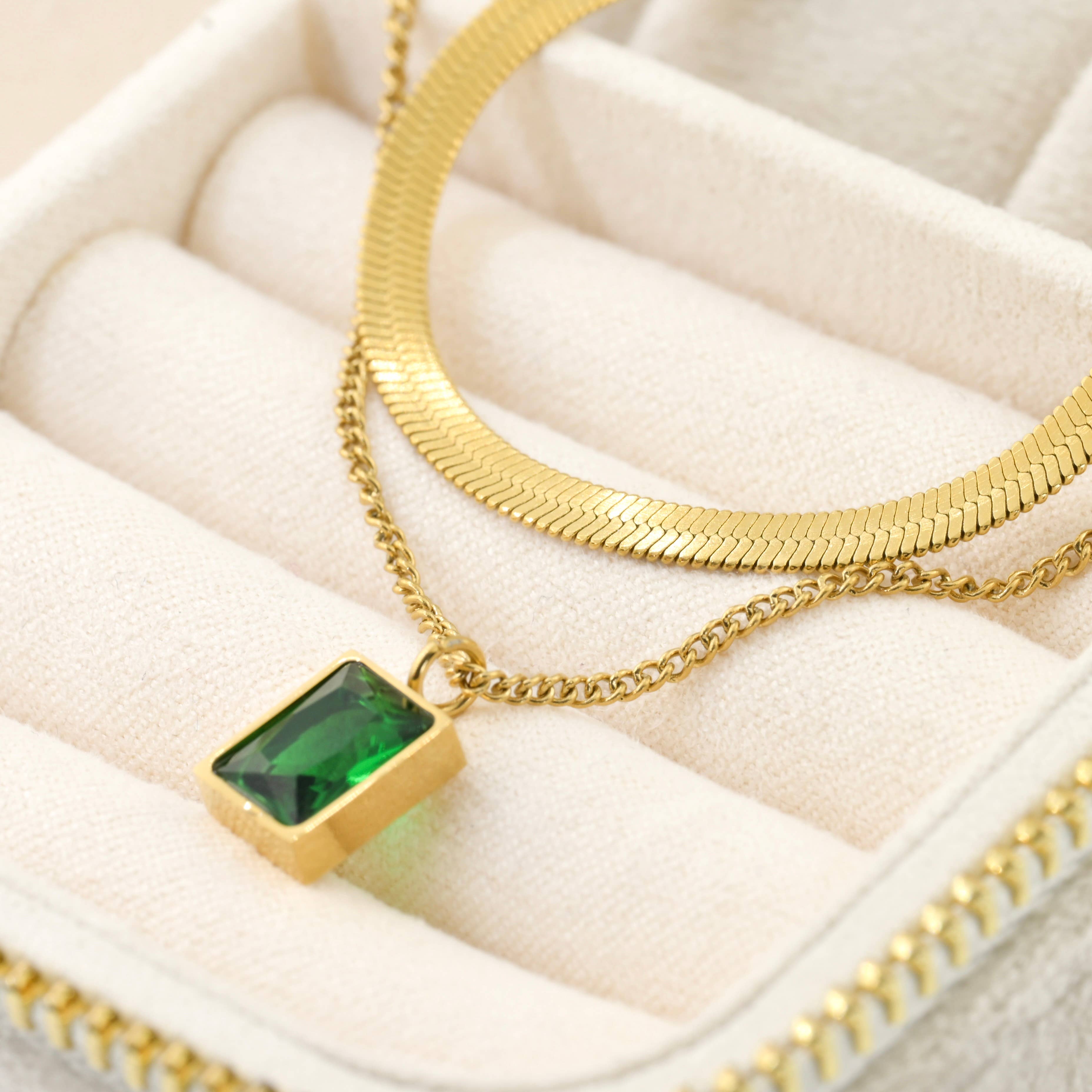 Layered Herringbone Necklace - Cushion Cut Emerald Necklace