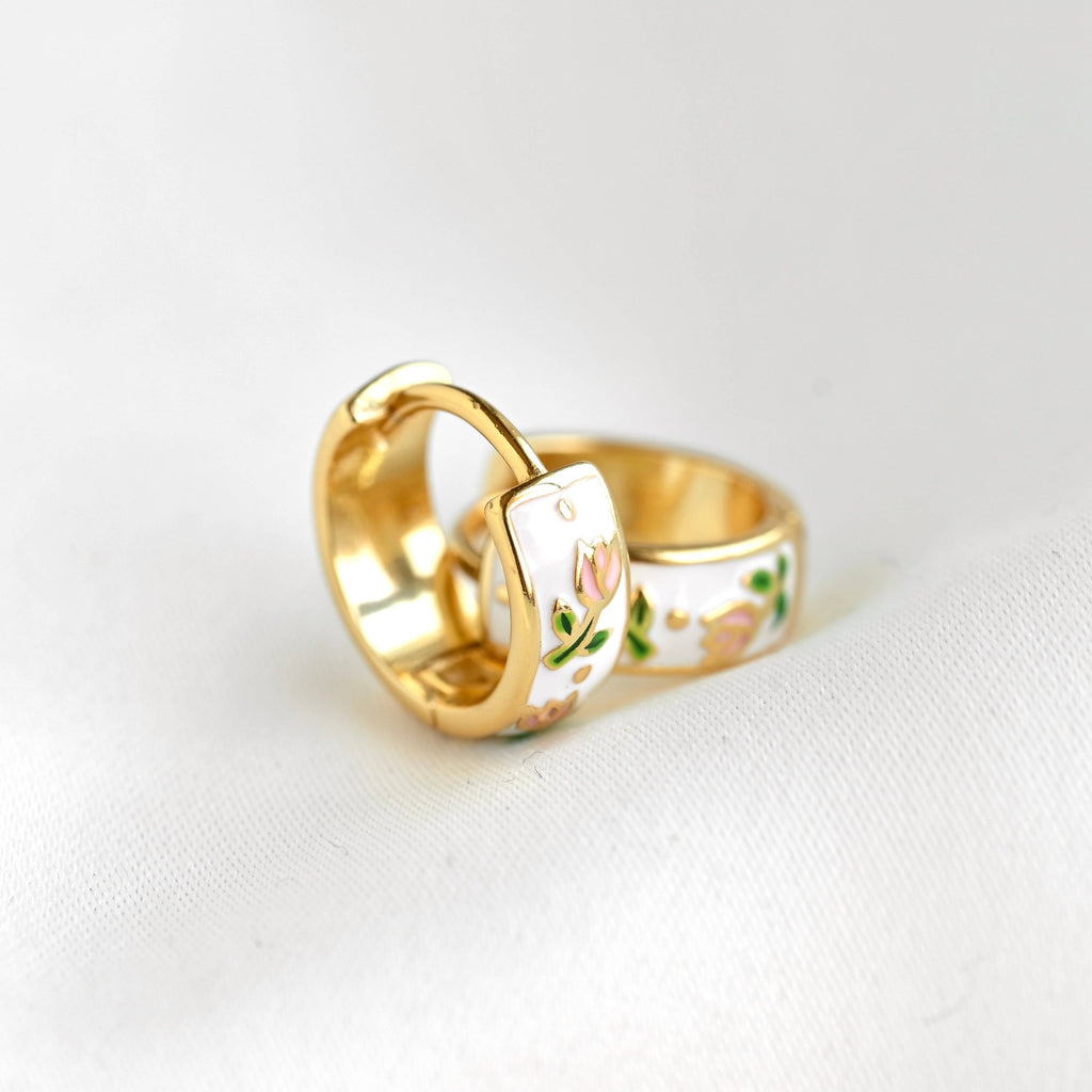 Blueyejewelry - Gold Enamel Tulip Flower Hoop Earrings - 925 Sterling Silver