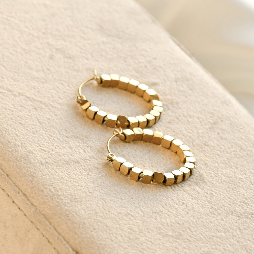 Blueyejewelry - Medium Gold Cube Bead Hoop Earrings- Stainless Steel