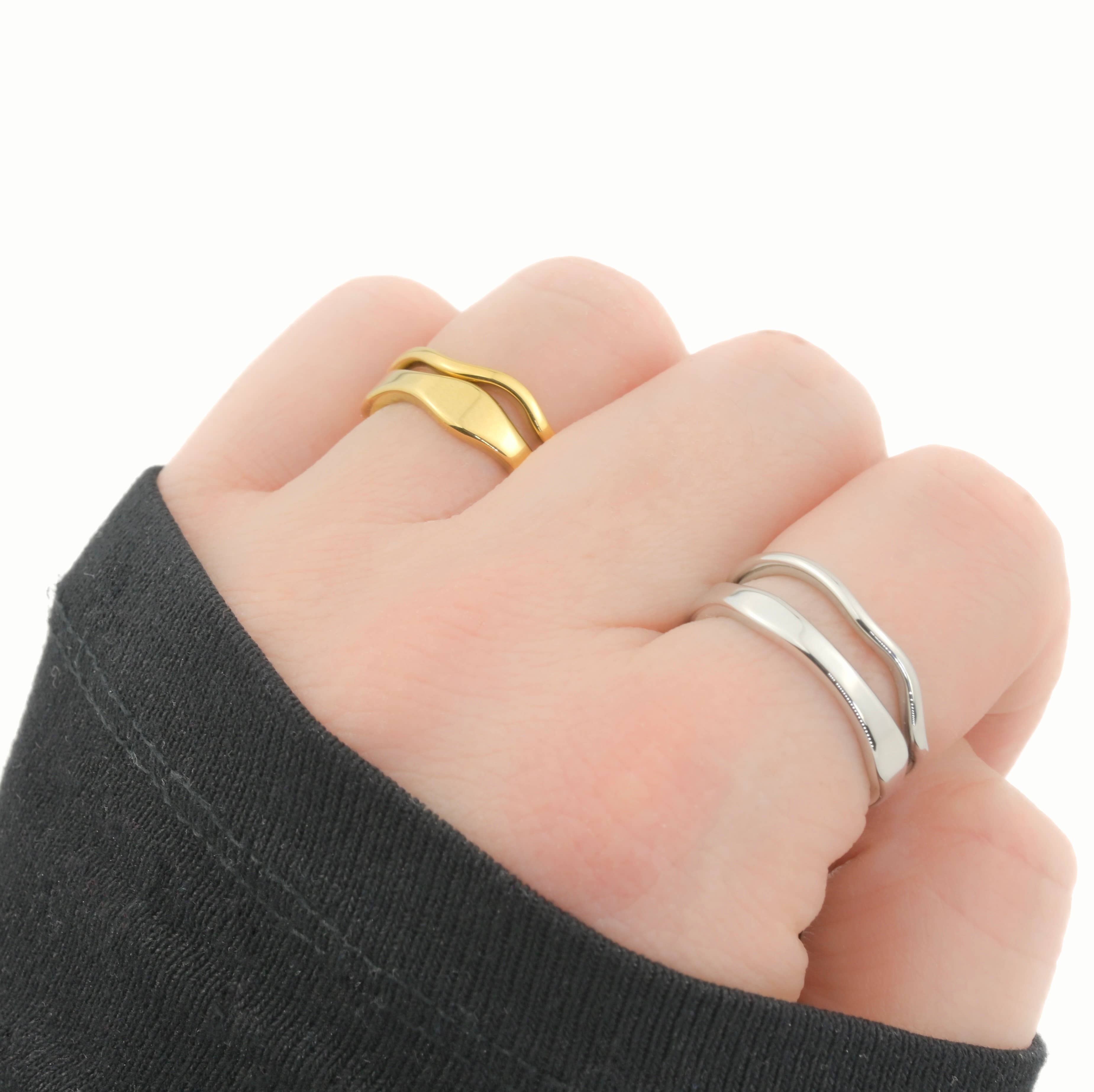 Tarnish-proof Gold Ring Set - 18k Gold Wave Rings