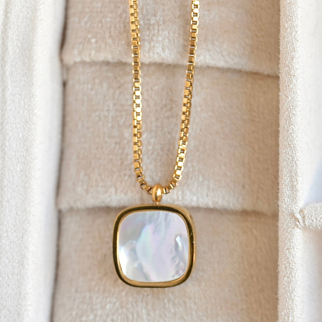 Square Mother of Pearl Necklace - Gold Square Shell Pendant